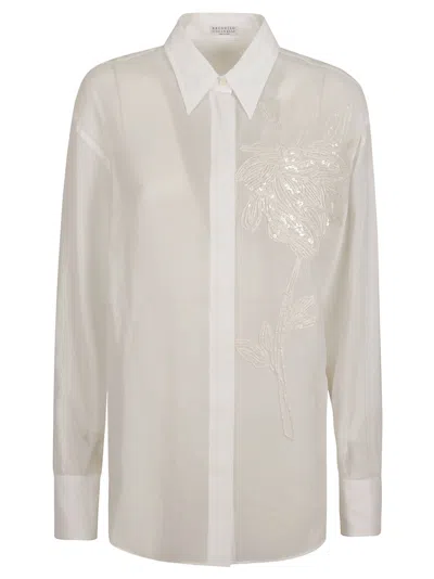 Brunello Cucinelli Floral Embroidery Shirt In Optic White