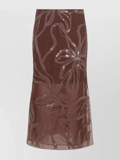 Brunello Cucinelli Floral Midi Skirt Sheer Overlay In Brown