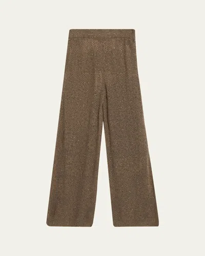 Brunello Cucinelli Floral Paillette Mohair Open-knit Wide-leg Pants In Military Green