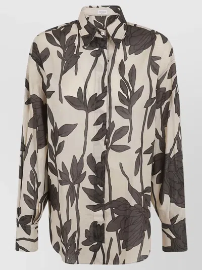 Brunello Cucinelli Floral-print Cotton Shirt In Lignite