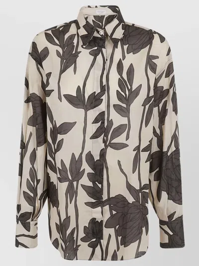 Brunello Cucinelli Floral Print Cuffed Sleeves Shirt In Lignite