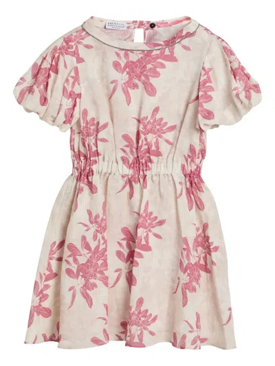 Brunello Cucinelli Kids' Floral-print Linen Dress In Neutrals
