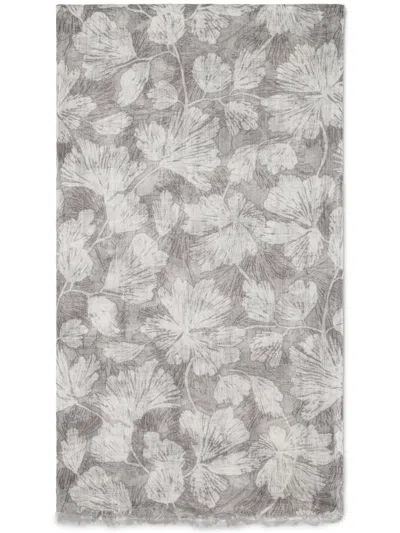 Brunello Cucinelli Floral-print Linen Scarf In Light Grey