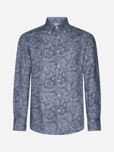 Brunello Cucinelli Floral Print Linen Shirt In Blue