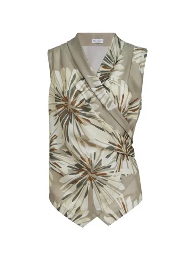Brunello Cucinelli Bloom Print Pongee Vest In Neutral