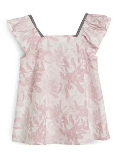 Brunello Cucinelli Kids' Floral-print Poplin Top In Pink