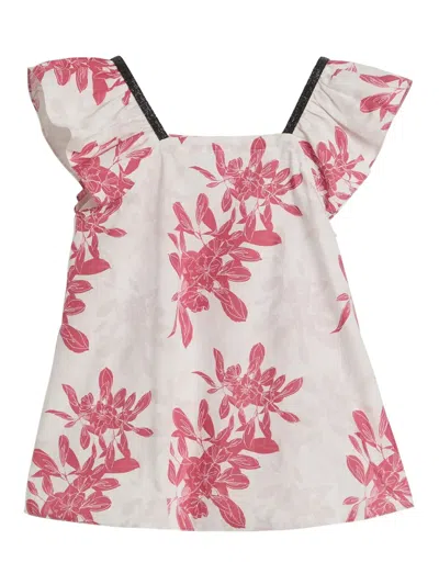 Brunello Cucinelli Kids' Floral-print Poplin Top In Pink