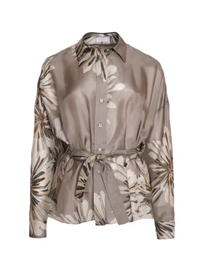 Brunello Cucinelli Silk Shirt Mother Of Pearl In Animal Print
