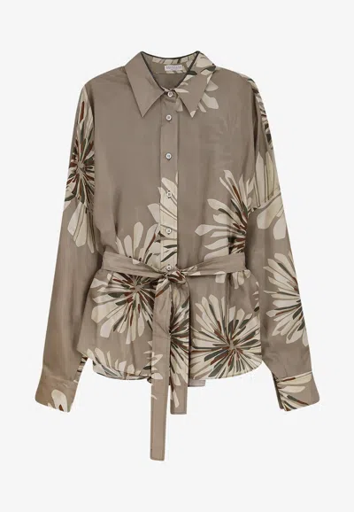 Brunello Cucinelli Floral Print Silk Long-sleeved Shirt In Brown
