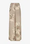 Brunello Cucinelli Elegant Silk Trousers With Stamped Floral Design In Brown
