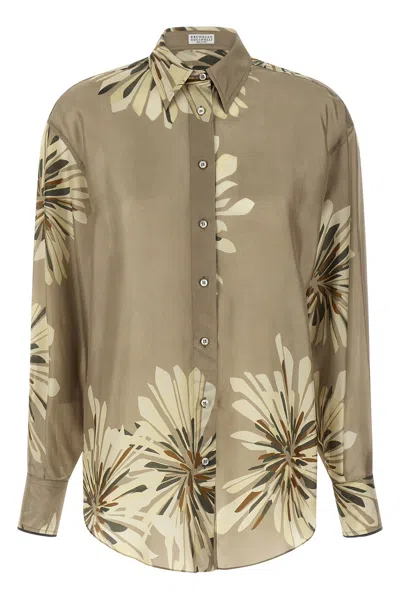 Brunello Cucinelli Long Sleeve Shirt Floral Pattern Buttons In Brown