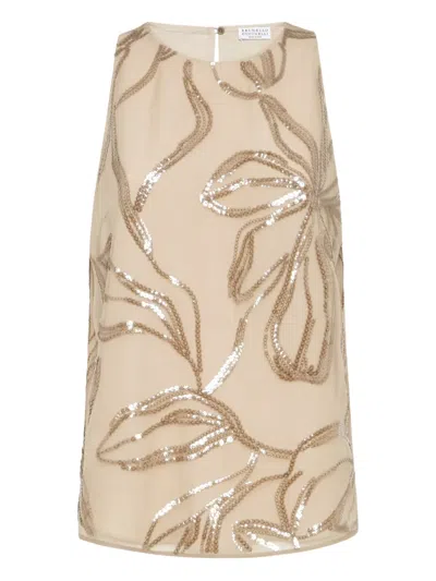 Brunello Cucinelli Floral Sequin Top In Neutral