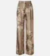 Brunello Cucinelli Elegant Silk Trousers With Stamped Floral Design In Brown