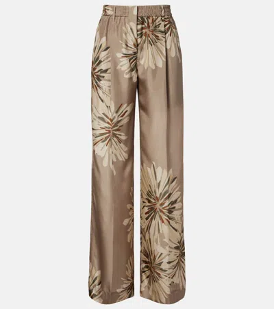 BRUNELLO CUCINELLI FLORAL SILK PONGEE WIDE-LEG PANTS