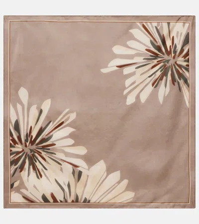 Brunello Cucinelli Floral Silk Twill Scarf In Brown