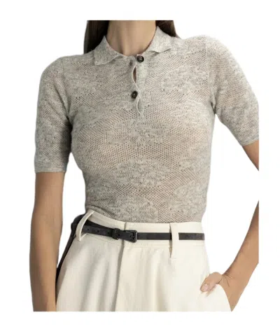 Brunello Cucinelli Floral-intarsia Polo-collar Knitted Top In Brown