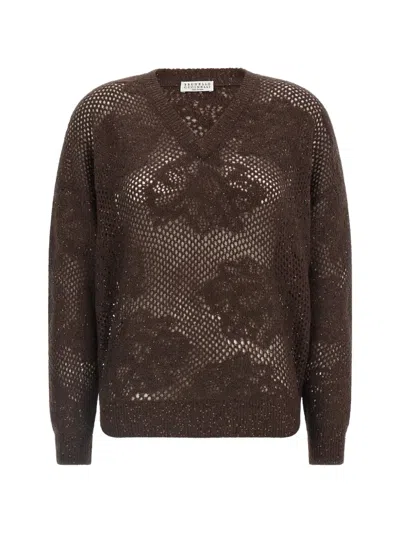 Brunello Cucinelli Lace Floral Mesh V Neck Sweater In Brown