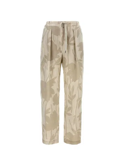 Brunello Cucinelli Floral-print Linen Trousers In Neutral