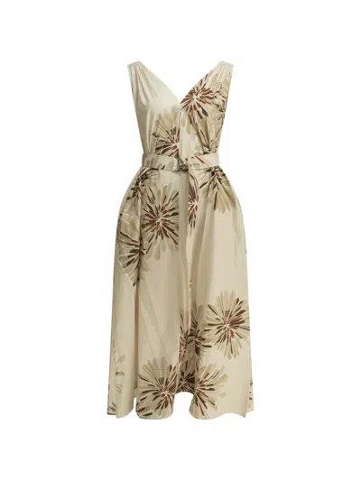 Brunello Cucinelli Long Cotton Dress With Floral Print And Matching Belt In Multi