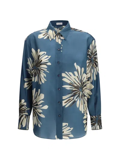 Brunello Cucinelli Silk Shirt Floral Pattern Long Sleeves In Blue