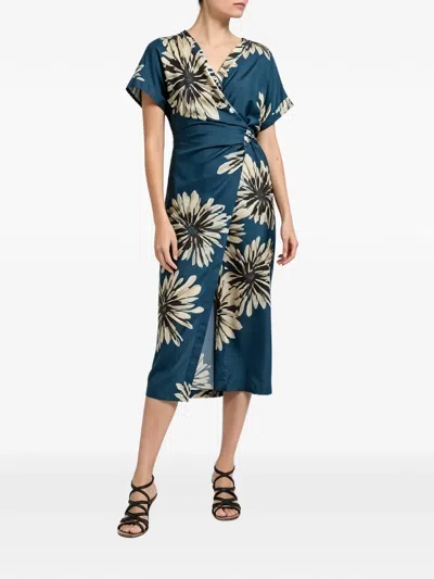 Brunello Cucinelli Floral-print Silk Midi Dress In Blue