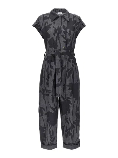 Brunello Cucinelli Women's Ramage Print Lessivé Linen Jumpsuit With Belt And Shiny Details In Grey