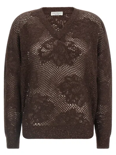Brunello Cucinelli Lace Floral Mesh V Neck Sweater In Brown