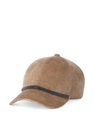 Brunello Cucinelli Fluid Corduroy Baseball Cap With Shiny Band In Brown