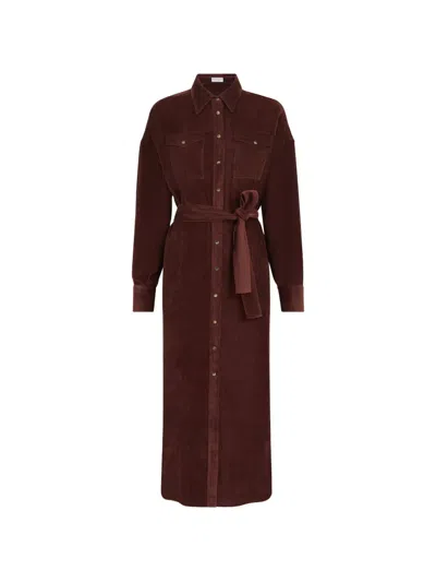 Brunello Cucinelli Fluid Corduroy Shirt Dress In Burgundy