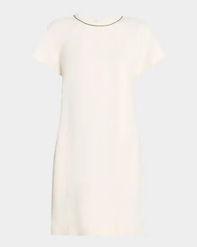 Brunello Cucinelli Fluid Linen Twill Mini Dress With Monili Trim In White