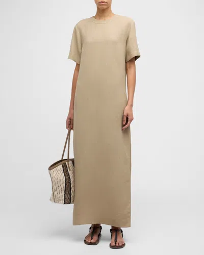 Brunello Cucinelli Fluid Linen Twill T-shirt Dress With Slits And Monili Detail In C8576 Light Taupe