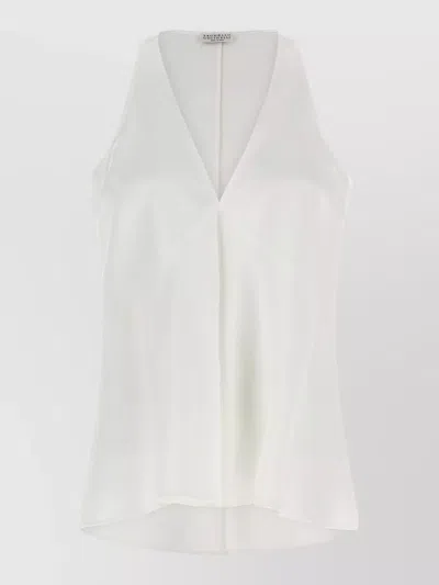 Brunello Cucinelli Fluid Twill Sleeveless Top Deep Neckline In White