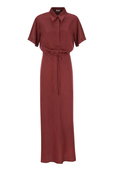 Brunello Cucinelli Fluid Viscose And Linen Twill Dress With Necklace In Red