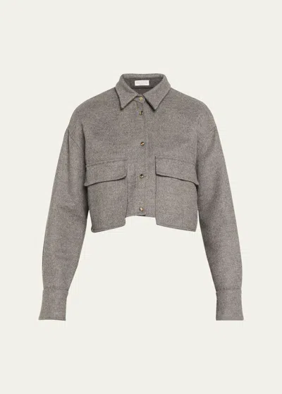 Brunello Cucinelli Fluid Wool Cropped Shirt Jacket With Patch Pockets In Medium Grey