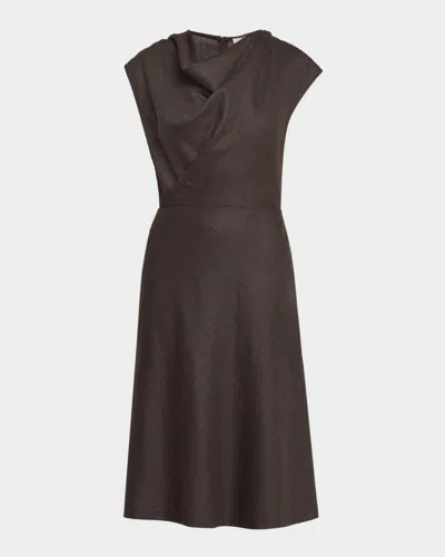 Brunello Cucinelli Fluid Wool Twill Cowl-neck Midi Dress In Brown