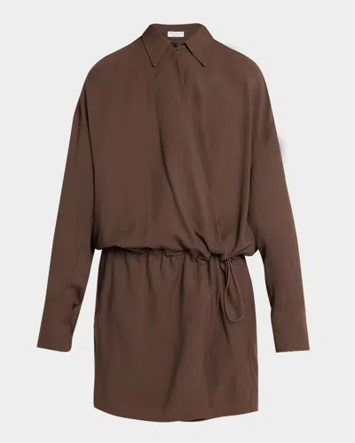 Brunello Cucinelli Fluid Wool Twill Drawstring Mini Dress In Brown