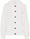 Brunello Cucinelli Foliage Lace Hooded Cardigan In Linen And Silk Diamond Yarn In White