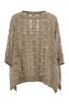 Brunello Cucinelli Foliage Lace Knitted Poncho In Linen And Diamond Silk In Green