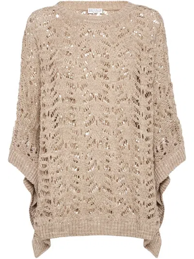 Brunello Cucinelli Foliage Lace Poncho In Neutrals
