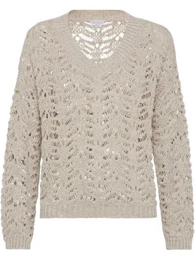 Brunello Cucinelli Foliage Lace Sweater In Neutral