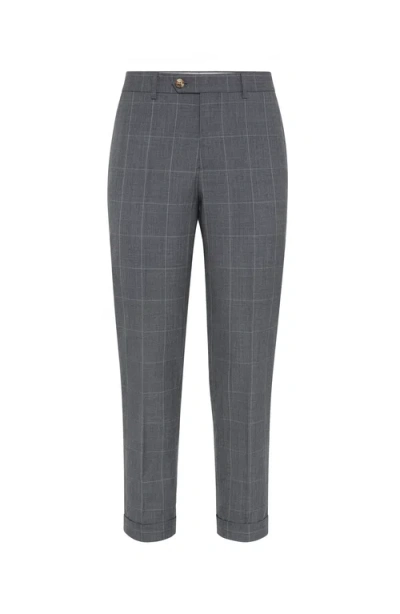 Brunello Cucinelli Check-pattern Wool Trousers In Gray