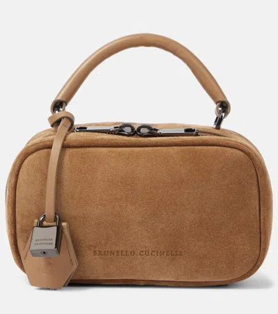 Brunello Cucinelli Foulard Mini Leather-trimmed Suede Tote Bag In Beige