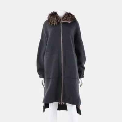 Pre-owned Brunello Cucinelli Fox Fur Trimmed Cashmere Knit Zip-up Coat In Black