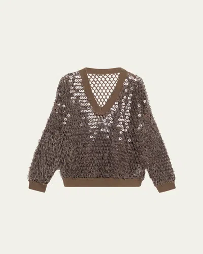 Brunello Cucinelli Fringe Mosaic Yarn Net Embroidered V-neck Sweater In Chocolate