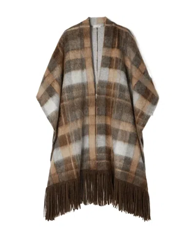 Brunello Cucinelli Fringed Check Brushed Knit Cape In Brown