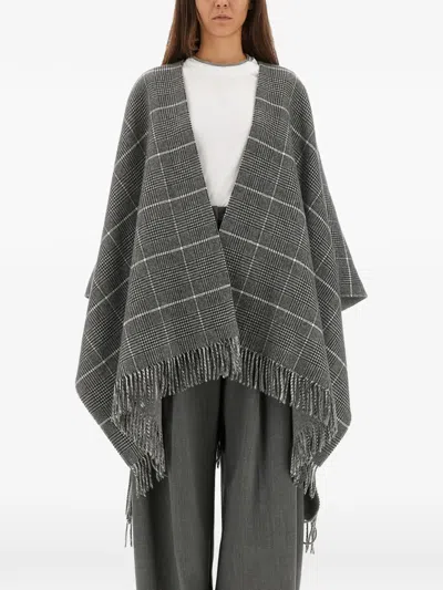 BRUNELLO CUCINELLI FRINGED CHECK-PATTERN CAPE