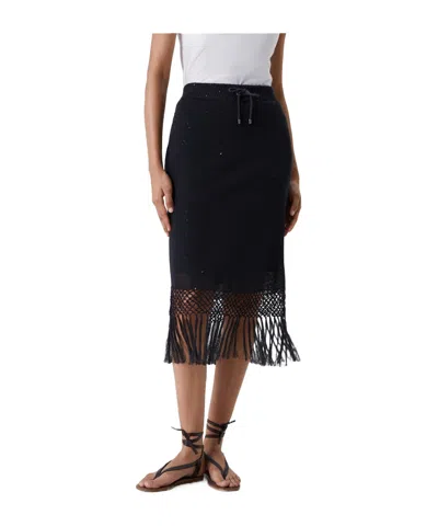 Brunello Cucinelli Fringed Sequin-embellished Linen And Silk-blend Skirt In Black