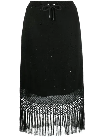 Brunello Cucinelli Fringe-hem Linen Silk Paillette Knit Midi Skirt In Cj677 Dark Grey