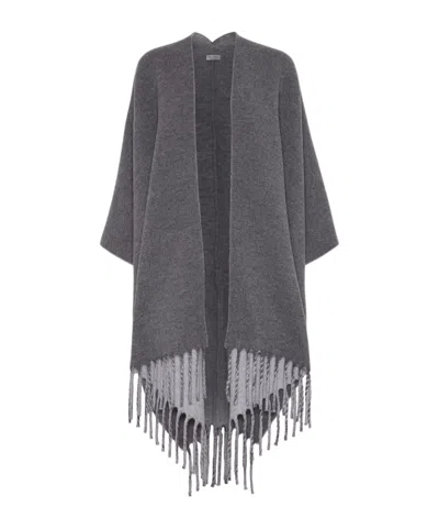 Brunello Cucinelli Fringed-edge Wool-cashmere Cape In Black