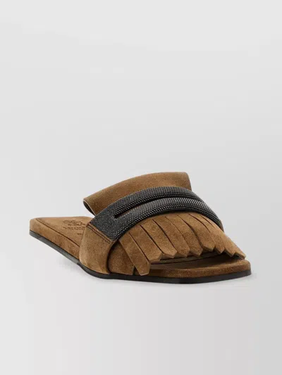 BRUNELLO CUCINELLI FRINGED FLAT SOLE OPEN TOE SANDAL
